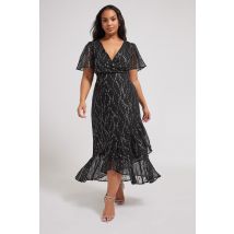 Yours London Curve Black & Silver Metallic Dobby Wrap Dress, Women's Curve & Plus Size, Yours London