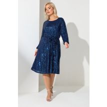 Yours London Plus Size Blue Sequin Skater Midi Dress Size 30-32