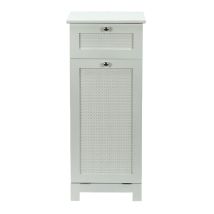 FineBuy Wäscheschrank Weiß 38x90x40 cm Ratten Geflecht Nischenschrank Bad - Schmaler Wäschekipper mit Klapptür und Schublade - Badschrank Wäschesammler Badezimmer