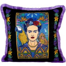 Frida Kahlo by Casa Padrino Luxus Deko Kissen mit Strass Steinen Schwarz / Bunt / Lila