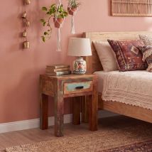 FineBuy Nachttisch KALKUTTA aus Mango Massivholz im Shabby Chic Design mit Schublade – kleiner Beistelltisch fürs Schlafzimmer oder Wohnzimmer, handgefertigte Nachtkonsole – 40x40x55 cm