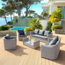 Salon de jardin résine tressée 7 places Calvi - Gris - Résine tressée