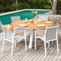 Table de jardin ronde aluminium/teck 8 places (D140 cm) Bali - Blanc