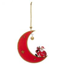 Kerstman en zijn maan van hout om op te hangen Rood