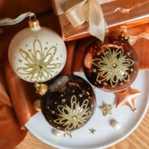 Lote de 6 bolas de Navidad de vidrio (D80 mm) Pétalos dorados Negro trufado