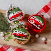 Lot de 6 boules de Noël en verre (D80 mm) Mini bus et Sapins