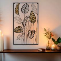 Décoration murale en métal (H82 cm) Feuilles en ratan Noir