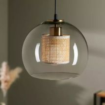 Suspension lumineuse en verre et cannage (D25 cm) Sicilia Beige