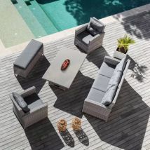 Table de jardin relevable en verre 7 places (145 x H51/72 cm) Tivoli - Gris - Résine tressée