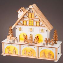 Village de Noël en bois lumineux et musical à piles (27 x H24 cm) Chalet Suisse Blanc