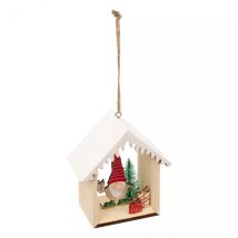 Suspension de Noël en bois (H11 cm) Maisonnette de lutin pailletée