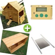 Kit Poulailler Bassette XL 6 à 8 Poules Toit Bois Avec Pondoir Supplémentaire, Portier Zen Farm Autonome Et Trappe Métal Medium - Animal Valley