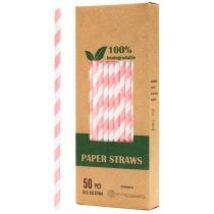 Biodegradowalni Naturalne papierowe słomki do napojów Różowe pasy 19,7 x 0,6 cm 50 szt.