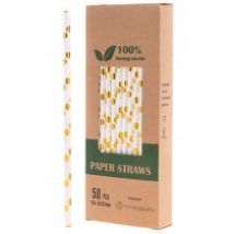 Biodegradowalni Naturalne papierowe słomki do napojów Złote kropki 19,7 x 0,6 cm 50 szt.