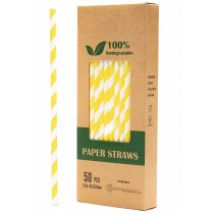 Biodegradowalni Naturalne papierowe słomki do napojów Żółte pasy 19,7 x 0,6 cm 50 szt.