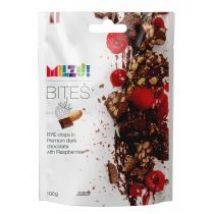 Milzu! Bites Żytnie płatki śniadaniowe oblane ciemną czekoladą premium z malinami 100 g