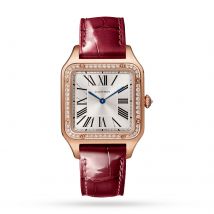 Santos-Dumont Watch Large Model, Rose Gold, Diamonds, Leather Strap