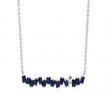 18ct White Gold Dark Blue Sapphire & 0.06cttw Diamond Baguette Bar Necklace