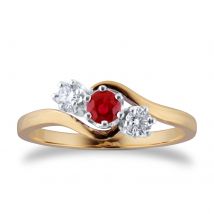18ct Yellow Gold Ruby And Diamond 3 Stone Ring - Ring Size D