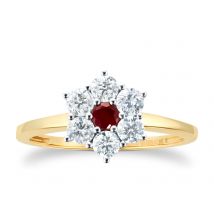 9ct Yellow Gold Ruby & Diamond Cluster Ring - Ring Size A.5