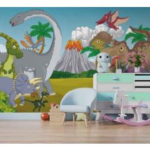 Photo murale pour enfant Dinosaures et volcan