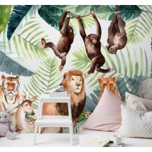 Papier peint chambre enfant Safari dans la jungle peinte