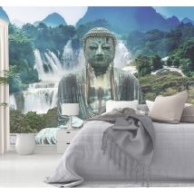 Papier peint zen paysage cascade bouddha