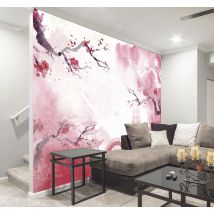 Papier peint salon jardin japonais tons rose