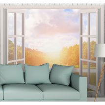 Papier peint panoramique 3D fenêtre avec lumière du soleil et lac