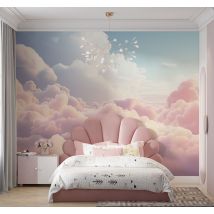 Tapisserie murale enfant paysage de nuages roses