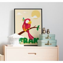 Affiche chambre enfant perroquet rouge personnalisable