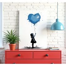 Tableau art fille avec un ballon en forme de coeur bleu