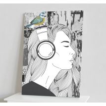 Tableau art Femme avec un casque et un oiseau