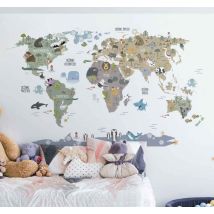 Vinilo decorativo mapa infantil animales tonos pastel
