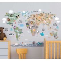 Sticker chambre enfant carte du monde animaux