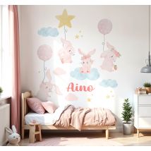 Sticker mural ballons roses avec des lapins