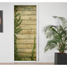 Sticker porte effet bois avec plantes