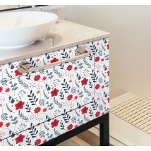 Sticker meuble Ikea salle de bain motif fleurs rouges