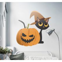 Sticker Maison Jack O' Lantern et Chat d'Halloween