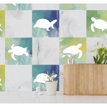 Sticker salle de bain carrelage tortues colorées