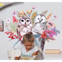 Sticker oiseaux dessin de chouettes et fleurs