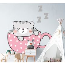 Sticker chat Chat mignon dormant sur une tasse de café