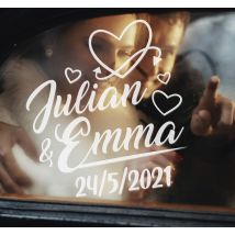Sticker mariage prénoms et date avec cœurs