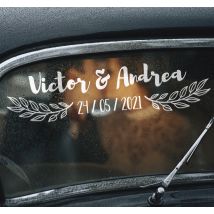 Sticker mariage prénom et date avec laurier