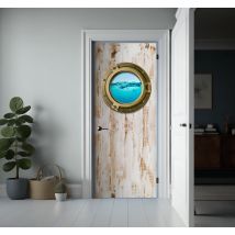 Sticker porte trompe l'œil fenêtre navire sur bois
