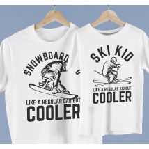 T-shirts assortis père et enfant snowboard et ski