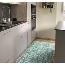 Tapis vinyle cuisine carreaux de ciment vert bleu