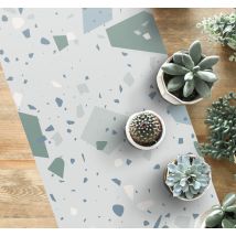 Tapis vinyle salle de bain terrazzo bleu et blanc