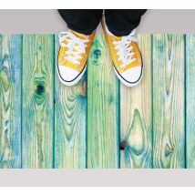 Tapis vinyle salle de bain bois planches bleues vertes