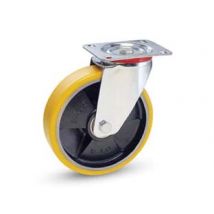 RUOTE INDUSTRIALI IN POLIURETANO NUCLEO GHISA CON PIASTRA GIREVOLE22 ø mm.200x40 piastra mm.140x110 235h. p. Kg.300 AVO